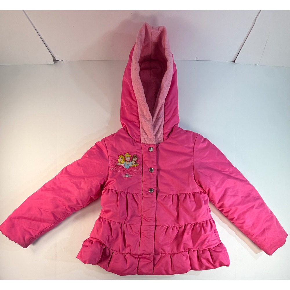 Disney Store Girls Pink Princess Puffer Jacket Size 5/6 Aurora Cinderella Belle